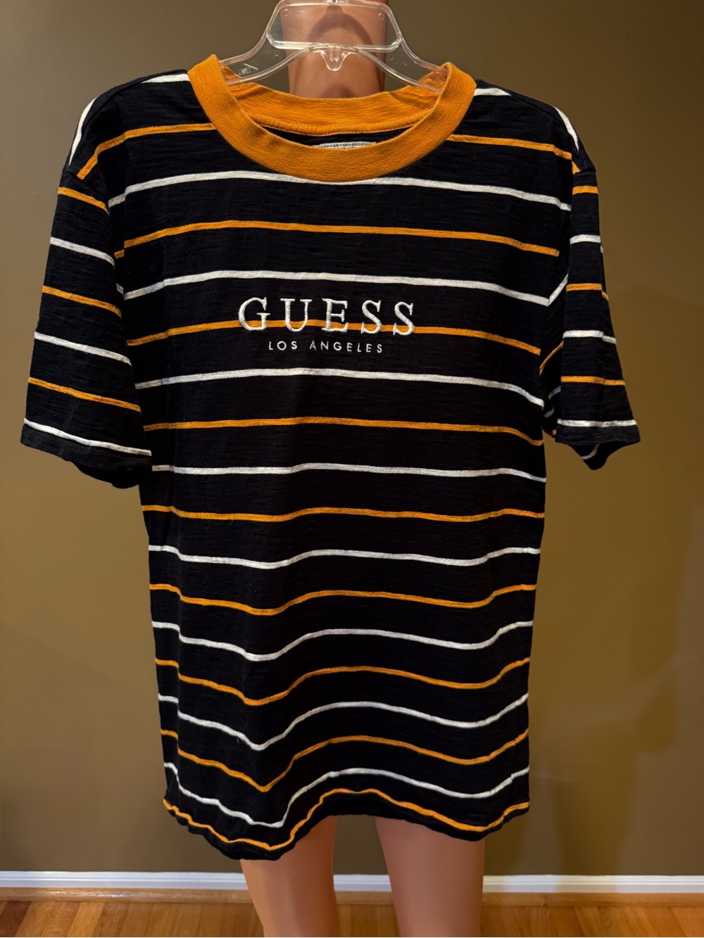 GUESS Black, White & Mustard Striped Logo Crewneck Tee